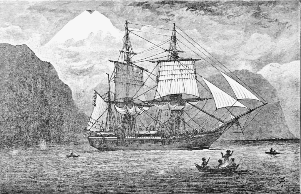 HMS Beagle - kresba od Charlesa Darwina z roku 1890 - reprodukcia od R. T. Pritchetta.